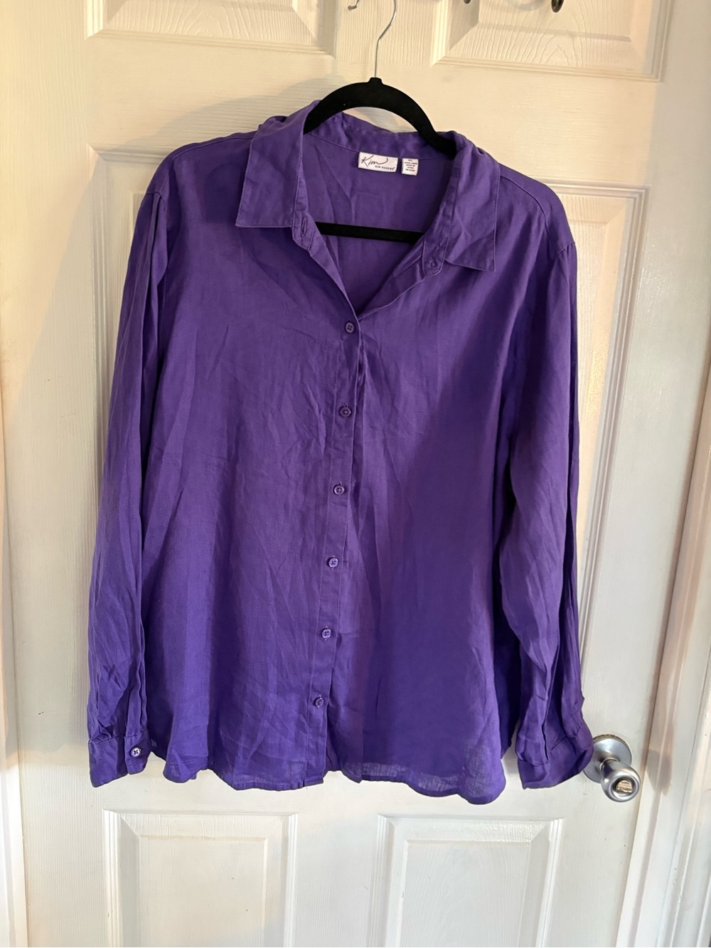 Women's Long Sleeve Blouse, Loose Fit, Size XL purple top Kim 100% linen shirt